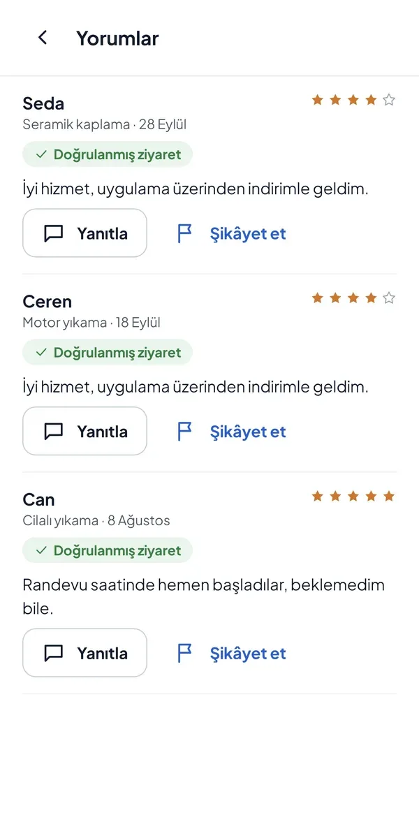 İşletmenin yorum yanıtlama ekranı
