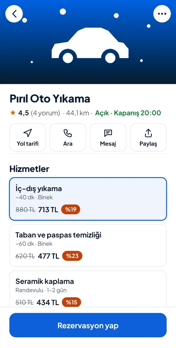 İşletme sayfası ve hizmet fiyatları