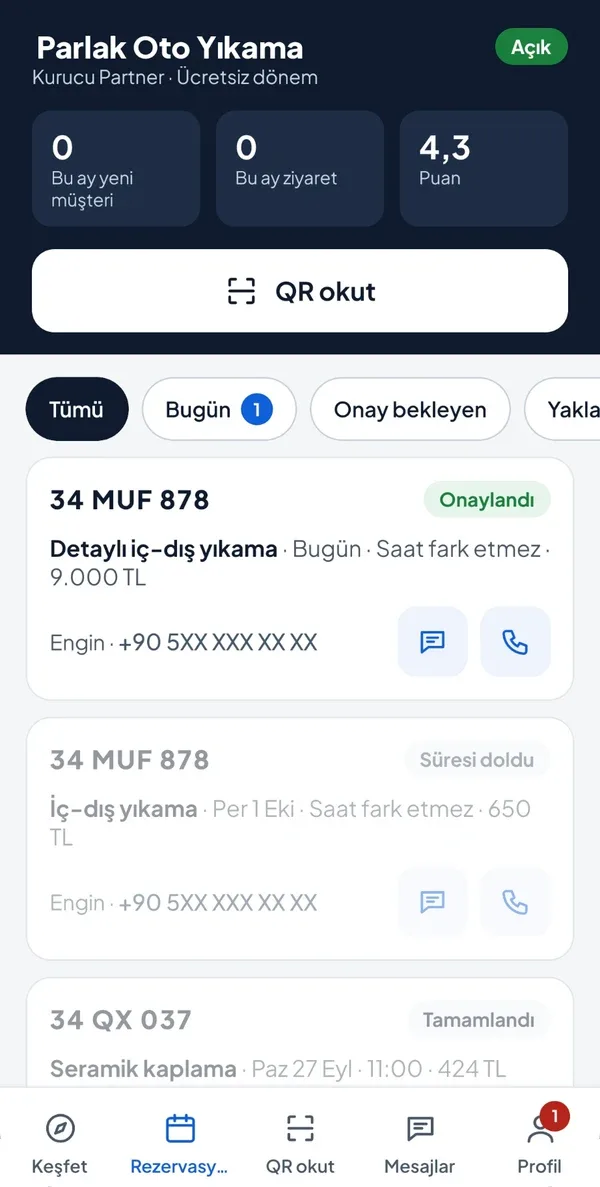 İşletme rezervasyon paneli