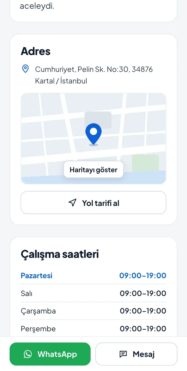 İşletme web sayfasında adres ve çalışma saatleri